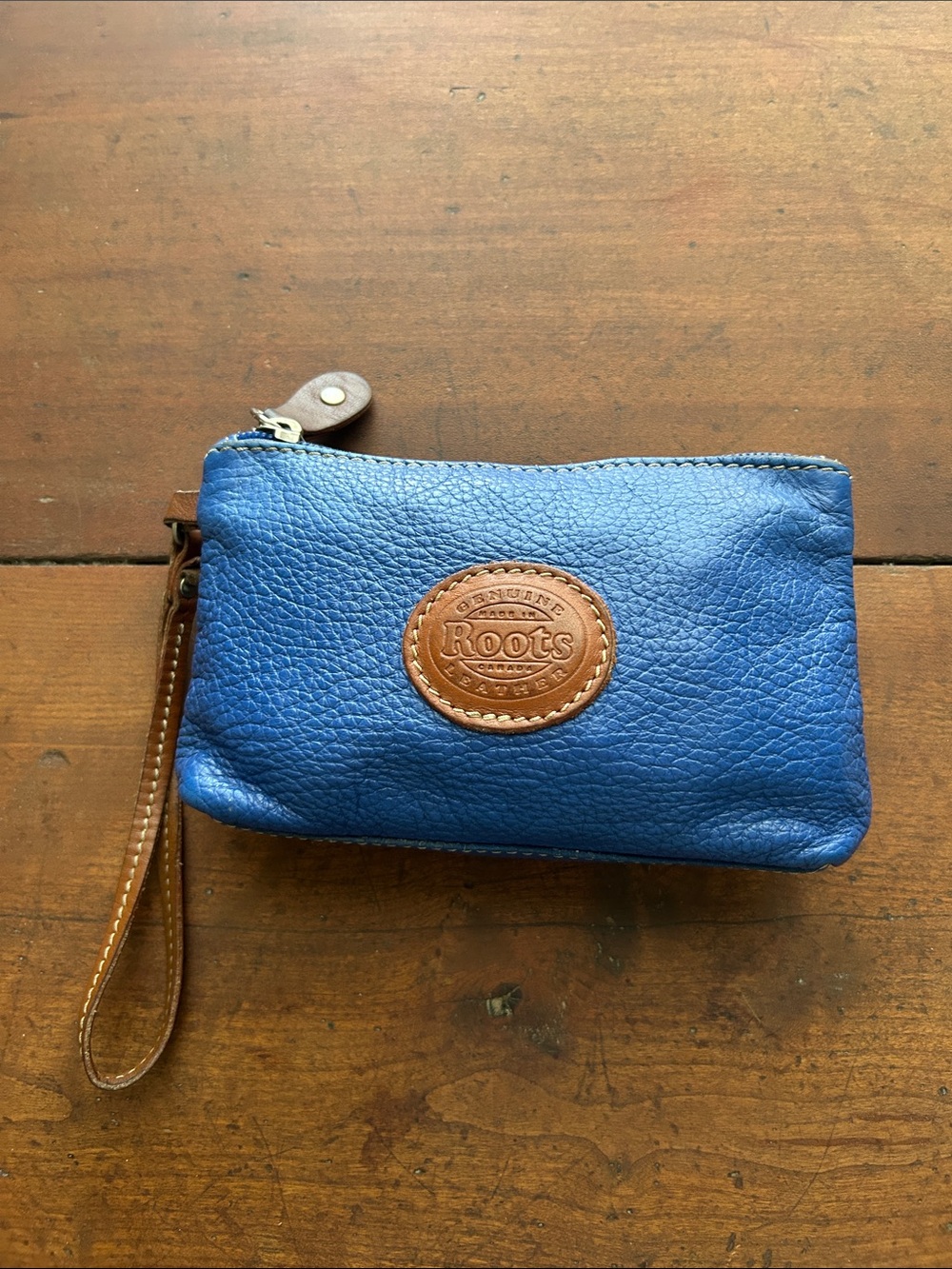 Roots Blue Leather Wristlet Clutch with Brown Trim